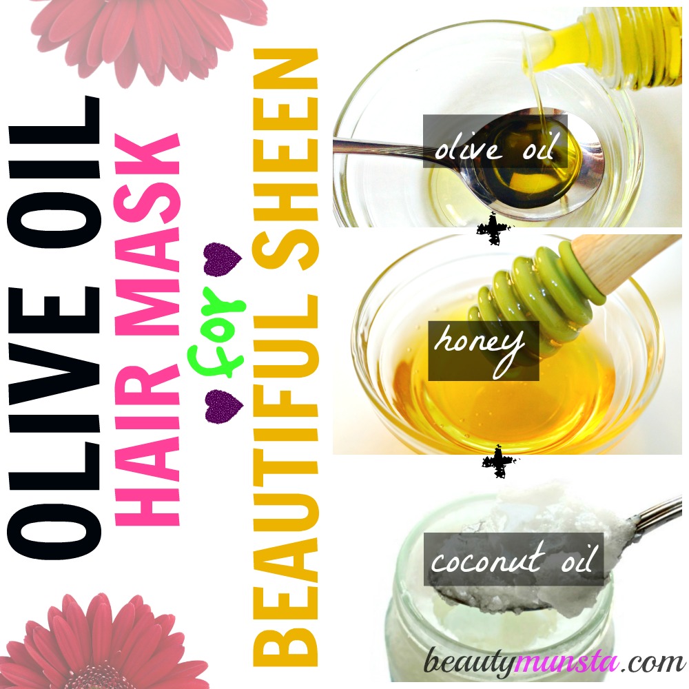 With honey + olive oil + coconut oil, make a fabulous olive oil hair mask to give your hair a beautiful sheen! 