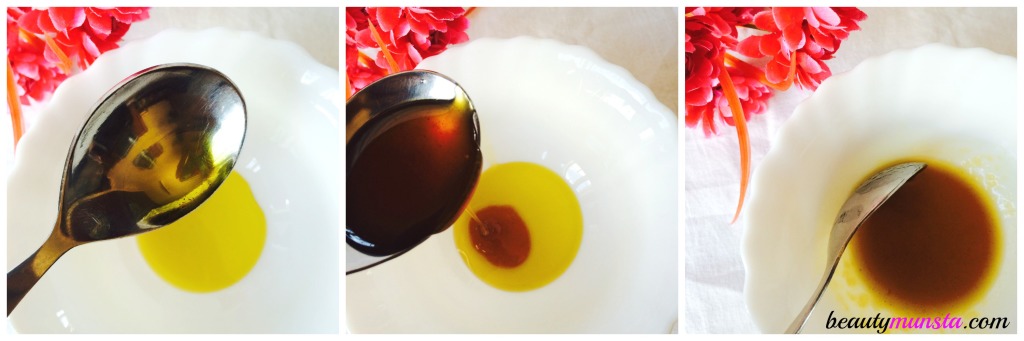 Add the olive oil and honey into a clean bowl. Mix well to form an even consistency.