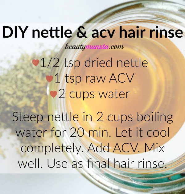 Make your own nettle hair rinse with a splash of raw apple cider vinegar to remove product build-up and promote shiny locks! 