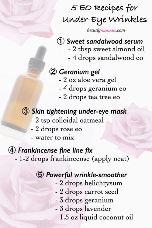 Smooth out under-eye fine lines and wrinkles with 5 effective essential oil recipes! Choose your favorite and use every night! 