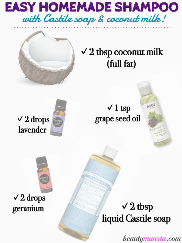 Make your own nourishing and moisturizing homemade shampoo with castile soap and coconut milk! 