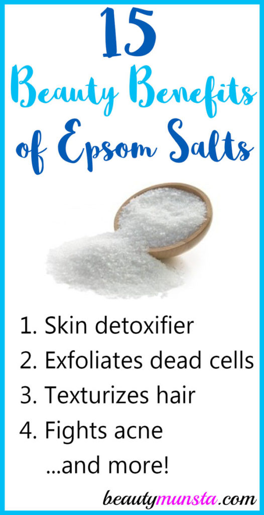 Below, let’s explore 15 beauty benefits of Epsom salts for skin, hair and more: